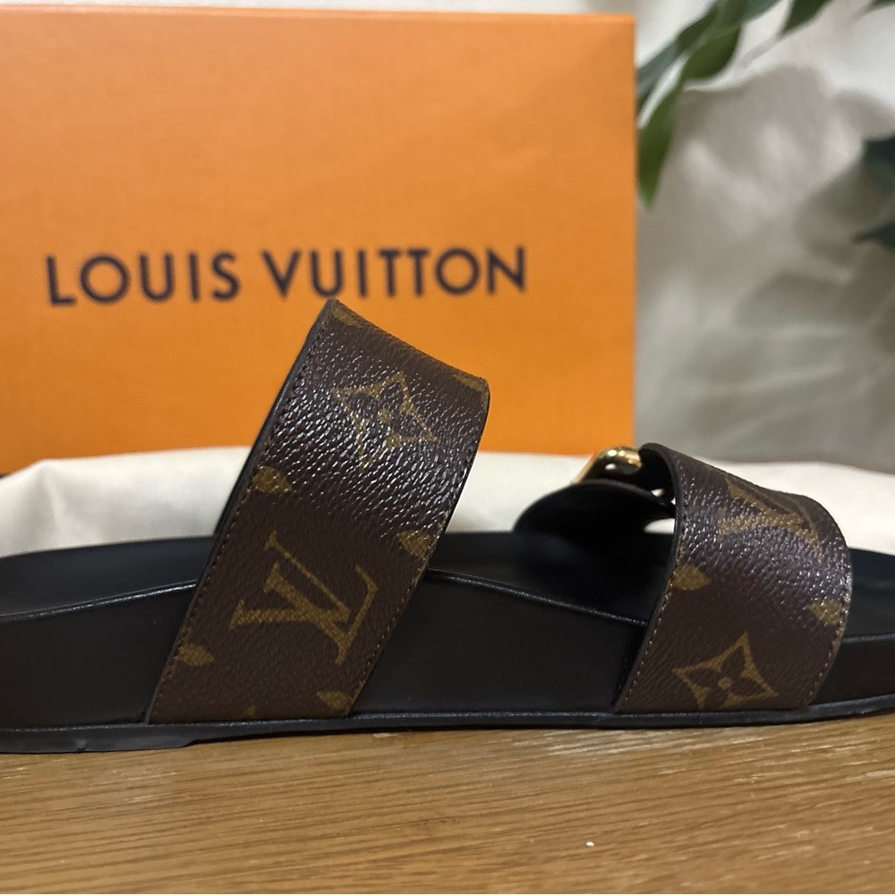 Original Louis Vuitton Bom Dia Flat Mule 1A3R5M Monogram Brown Sandals Size 38 - Picture 7 of 14